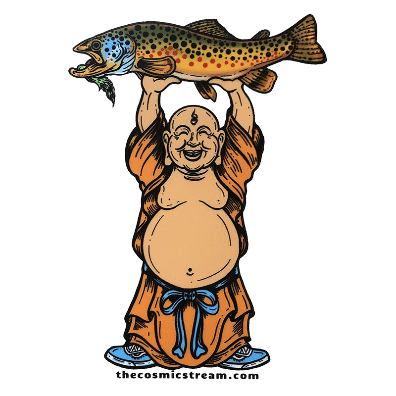 Josh May Laughing Buddha Brown Trout Fly Fishing Sticker - Fly